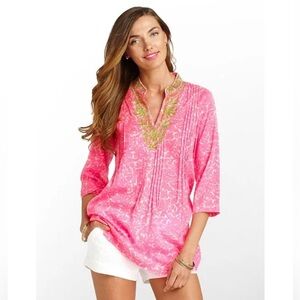 Lilly Pulitzer Sarasota Cotton Tunic Cosmo‎ Pink Party Favors beaded Medium